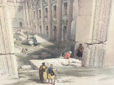 Lot 48 - After David Roberts, hand tinted lithograph, with pin holes, "Baalbec May 7th 1839", London Pub. by FG Moon, 20 Threadneedle Street, Jan 1st 1844". Framed and glazed. 73cm x 56cm. Provenance: S...