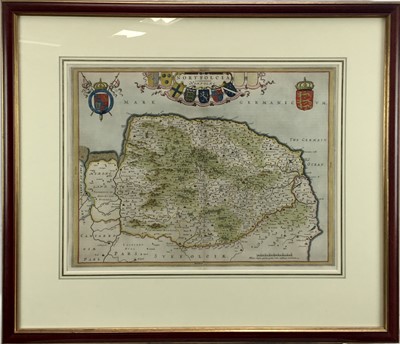 Lot 1023 - J Blaeu - hand coloured map of Norfolk, c1650.  Framed and glazed.