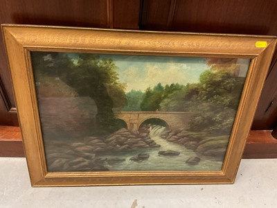 Lot 754 - J. K. Donald, Edwardian oil on canvas - Bridge over a River, signed, in glazed gilt frame