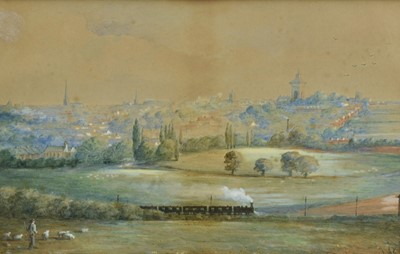 Lot 1300 - English School, mid 19th century, watercolour - View of Colchester with a steam train in the foreground, 22cm x 35cm, in glazed frame