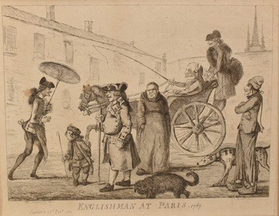Lot 66 - Henry William Bunbury (1750-1811) etching - Englishman at Paris, 1767, published 1782, 34cm x 42cm, in glazed frame