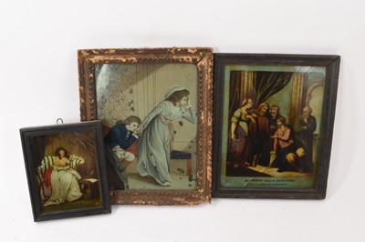 Lot 765 - George III reverse painting on glass (damaged) and two reverse prints on glass