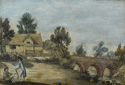 Lot 88 - Manner of Thomas Rowlandson (1756-1827) watercolour- figure sketching in a field beside a bridge, 12cm x 18cm, in glazed gilt frame