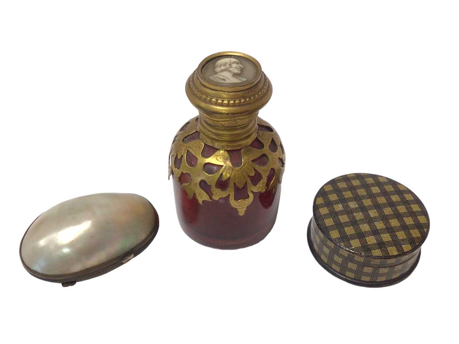 Lot 758 - 19th century French scent bottle with cameo cover, together with tartan box and mother of pearl box
