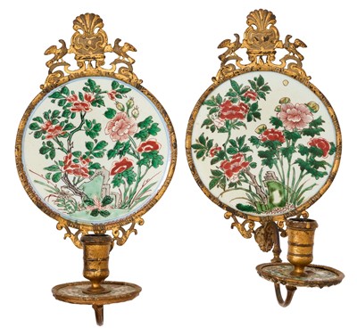 Lot 764 - Pair of continental gilt metal wall sconces, utilising 17th century Chinese porcelain fragments