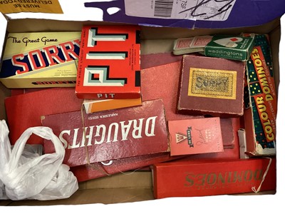 Lot 1948 - Box of vintage toys including Solitaire, dominoes, backgammon etc plus two vintage German hand puppets circa 1920