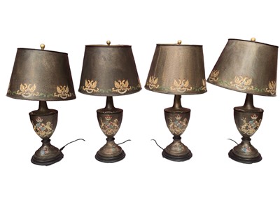 Lot 886 - Good set of four toleware lamps