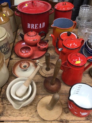 Lot 27 - Group of enamel items including a bread bin, with other kitchenalia