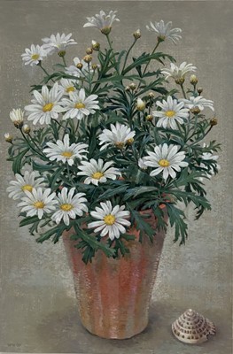 Lot 97 - Val Archer (b.1946) oil on board - Daisies, signed with initials and dated 1997, 30cm x 19.5cm in glazed gilt box frame