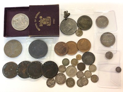 Lot 407 - G.B. Mixed coinage to include William IV silver Half Crown 1834 (N.B. W. W. inscript on trunction) GVF-AEF, George III silver Penny 1766 AEF, copper Two Pence 1797 (N.B. Minor edge bruises) otherwi...