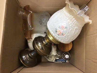 Lot 43 - Sundry items, including oil amps, wall clock, ceramics, etc
