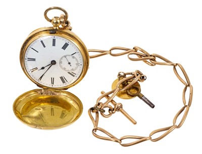 Lot 647 - Victorian 18ct gold hunter pocket watch on 9ct chain mounted with 1826 sovereign