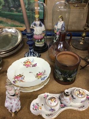 Lot 69 - Group of ceramics, including a Meissen figure of a girl, four Crown Derby plates, a Doulton art nouveau pot, pair of figures under glass domes, etc