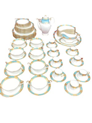 Lot 1157 - Good quality Aynsley Bone china dinner and coffee service with raised gilded decoration and turquoise borders.