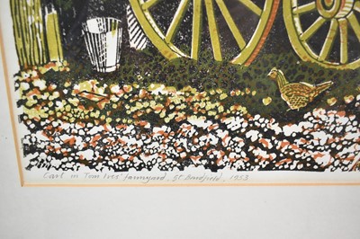 Lot 1264 - *Richard Bawden (b.1936) linocut - 'Cart on Tom Ives’ Farmyard, Gt Bardfield 1953, titled and signed in pencil, 34cm x 46.5cm, in glazed frame