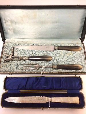 Lot 303 - Victorian silver bread knife with mother of pearl handle and a  French carving set i