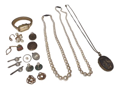 Lot 66 - Omega De Ville gold plated wristwatch, two cultured pearl necklaces, 18ct gold pearl cluster ring, silver, mother of pearl and pearl dress studs and other jewellery