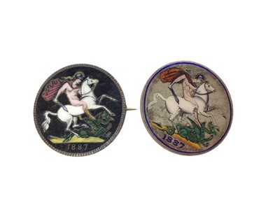 Lot 423 - G.B. - 19th century colour enamelled silver Crowns, Victoria JH 1887 x 2 (2 enamelled coins)