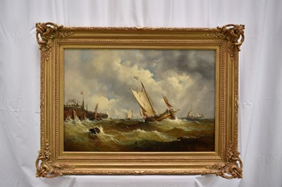Lot 1217 - John Moore of Ipswich (1820-1902) oil on canvas - Shipping off a Pier, signed, 46cm x 66.5cm, in gilt frame