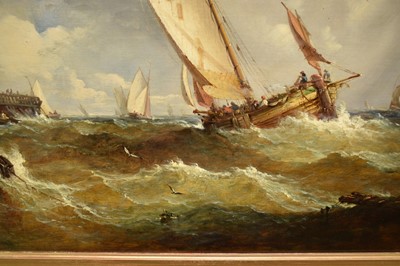 Lot 1217 - John Moore of Ipswich (1820-1902) oil on canvas - Shipping off a Pier, signed, 46cm x 66.5cm, in gilt frame