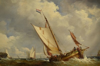 Lot 1217 - John Moore of Ipswich (1820-1902) oil on canvas - Shipping off a Pier, signed, 46cm x 66.5cm, in gilt frame