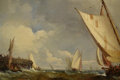 Lot 1217 - John Moore of Ipswich (1820-1902) oil on canvas - Shipping off a Pier, signed, 46cm x 66.5cm, in gilt frame