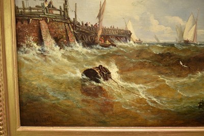 Lot 1217 - John Moore of Ipswich (1820-1902) oil on canvas - Shipping off a Pier, signed, 46cm x 66.5cm, in gilt frame
