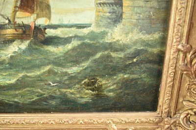 Lot 1216 - John Moore of Ipswich (1820-1902) oil on panel - Fishing Boat off the Harbour, 27cm x 21.5cm, in gilt frame