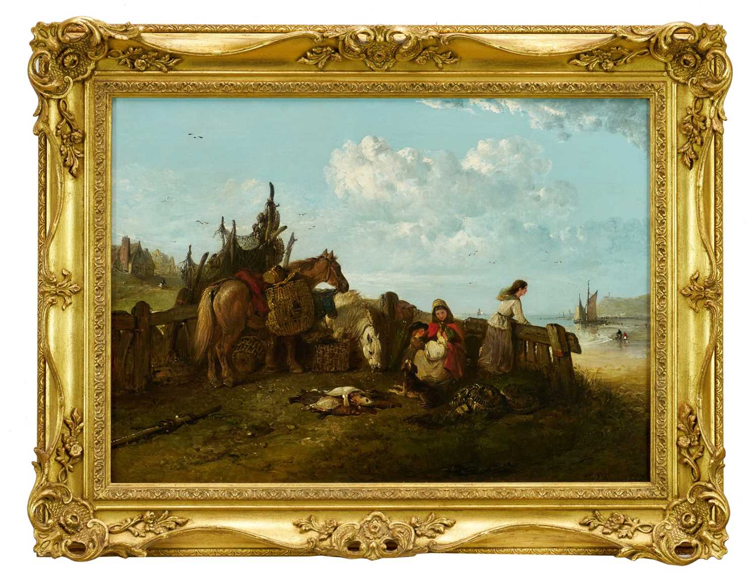 Lot 1209 - Edward Smythe (1810-1899) oil on canvas - Fisherfolk Beside the Sea, signed, 41cm x 56cm, in gilt frame