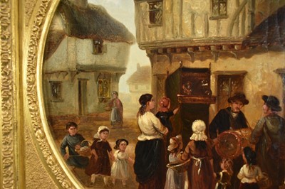 Lot 1128 - Thomas Smythe (1825-1906) pair of oils on canvas laid on panel - The Monkey Entertainer and The Punch & Judy Show, 38cm tondo, in gilt frames