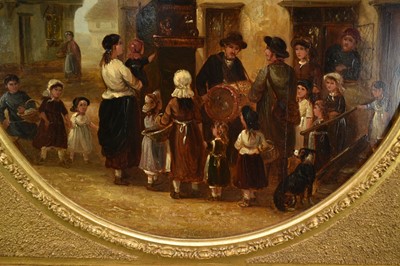 Lot 1128 - Thomas Smythe (1825-1906) pair of oils on canvas laid on panel - The Monkey Entertainer and The Punch & Judy Show, 38cm tondo, in gilt frames