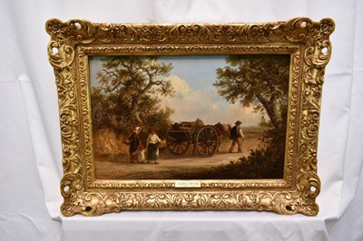 Lot 1214 - Thomas Smythe (1825-1906) oil on panel - Family Group and a wagon in a lane, signed, 25cm x 38cm, in gilt frame