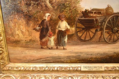 Lot 1214 - Thomas Smythe (1825-1906) oil on panel - Family Group and a wagon in a lane, signed, 25cm x 38cm, in gilt frame