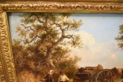 Lot 1214 - Thomas Smythe (1825-1906) oil on panel - Family Group and a wagon in a lane, signed, 25cm x 38cm, in gilt frame