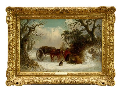 Lot 1215 - Thomas Smythe (1825-1906) oil on panel - Gathering Holly in a Snowcovered Lane, signed, 25.5cm x 38cm, in gilt frame