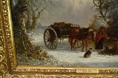 Lot 1215 - Thomas Smythe (1825-1906) oil on panel - Gathering Holly in a Snowcovered Lane, signed, 25.5cm x 38cm, in gilt frame