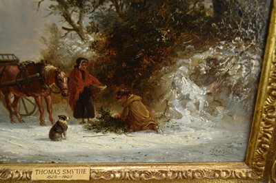Lot 1215 - Thomas Smythe (1825-1906) oil on panel - Gathering Holly in a Snowcovered Lane, signed, 25.5cm x 38cm, in gilt frame