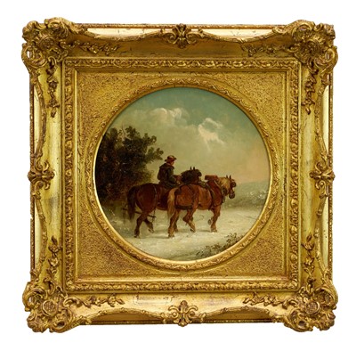 Lot 1212 - Thomas Smythe (1825-1906) pair of oils on canvas laid on panel - Snow Covered Landscapes, Homeward Bound, signed, 21cm tondo