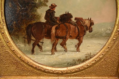 Lot 1212 - Thomas Smythe (1825-1906) pair of oils on canvas laid on panel - Snow Covered Landscapes, Homeward Bound, signed, 21cm tondo
