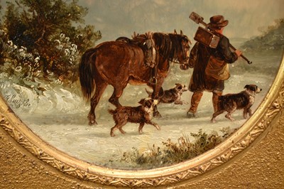 Lot 1212 - Thomas Smythe (1825-1906) pair of oils on canvas laid on panel - Snow Covered Landscapes, Homeward Bound, signed, 21cm tondo