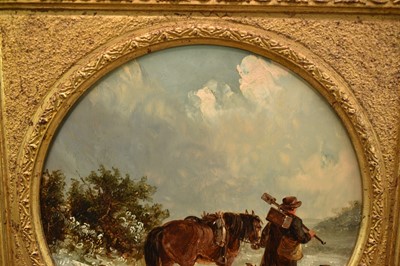 Lot 1212 - Thomas Smythe (1825-1906) pair of oils on canvas laid on panel - Snow Covered Landscapes, Homeward Bound, signed, 21cm tondo