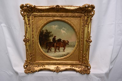 Lot 1212 - Thomas Smythe (1825-1906) pair of oils on canvas laid on panel - Snow Covered Landscapes, Homeward Bound, signed, 21cm tondo