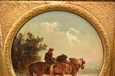 Lot 1212 - Thomas Smythe (1825-1906) pair of oils on canvas laid on panel - Snow Covered Landscapes, Homeward Bound, signed, 21cm tondo