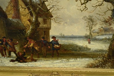 Lot 1213 - Thomas Smythe (1825-1906) oil on panel - The Snowball Fight, apparently unsigned, 30cm x 54.5cm, in gilt frame
