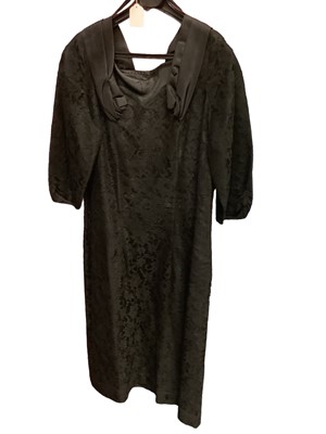 Lot 2084 - Group of cocktail and day dresses including 1950s black lace dress, Chinese brocade dress, floral chiffon dress with back trian by Melbrey, printed sleeveless dress by Global, Italian silk waisted...