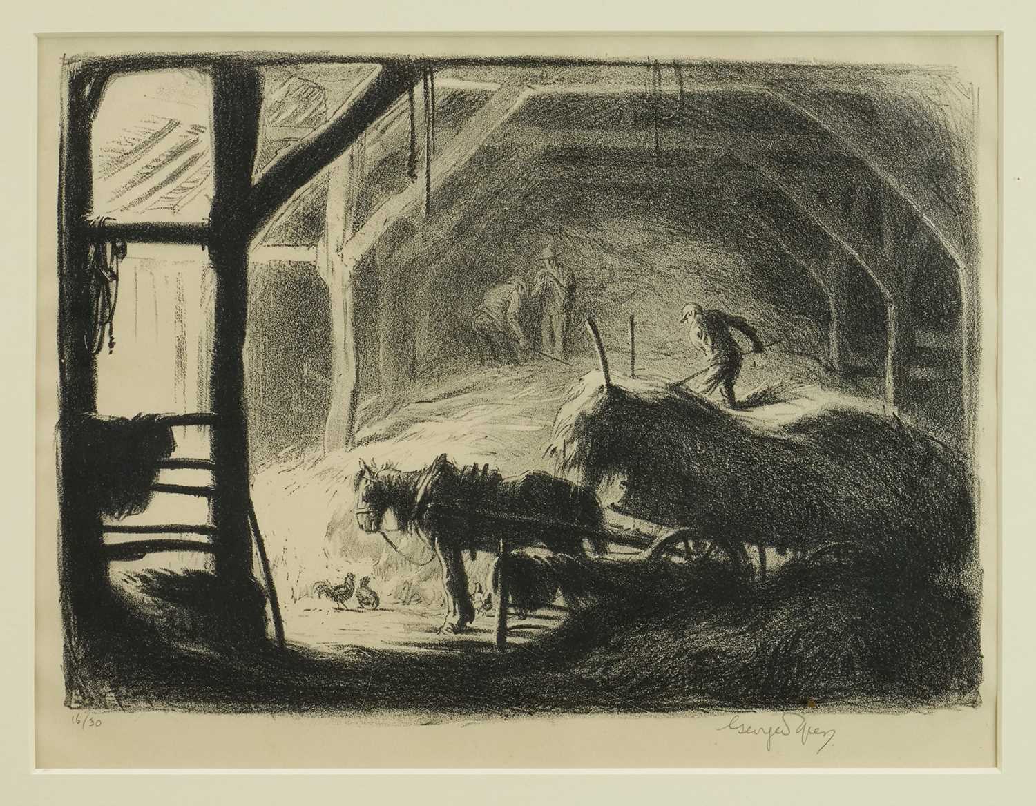 Lot 1028 - George Soper (1870-1942) signed limited edition lithograph - Unloading Hay in the Barn, 16/30, 21cm x 29cm, in glazed frame