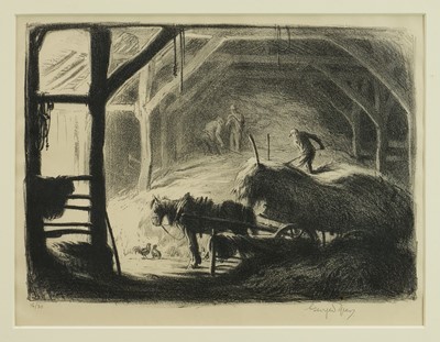Lot 1028 - George Soper (1870-1942) signed limited edition lithograph - Unloading Hay in the Barn, 16/30, 21cm x 29cm, in glazed frame