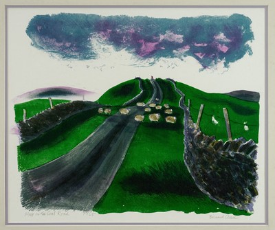 Lot 1041 - *Bernard Cheese (1925-2013) signed limited edition lithograph - Sheep on the Coal Road, 3/25, 43cm x 52cm, in glazed frame
