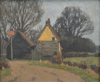 Lot 1048 - James Kidwell Popham (1884-1966) oil on canvas - Pub at Braintree, inscribed and dated 1955 verso, 32cm x 38cm, framed