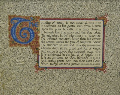 Lot 1063 - Paul Earee (1888-1968) fine illumination - The Merchant of Venice, signed, 38cm x 49cm, in glazed frame
